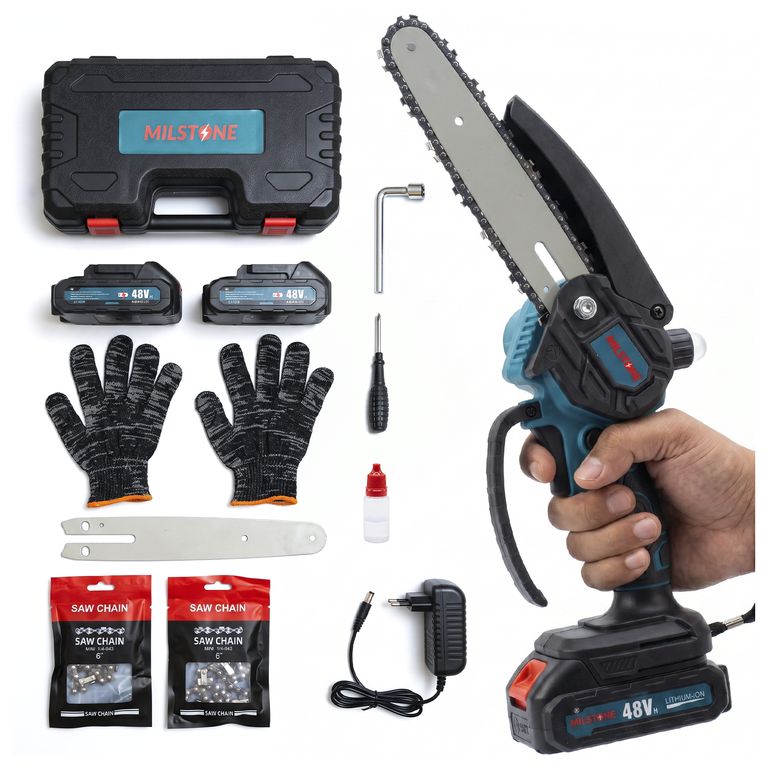 MOTOSIERRA INALÁMBRICA DE MANO 6 PULGADAS + 2 BATERÍAS Y ACEITE
