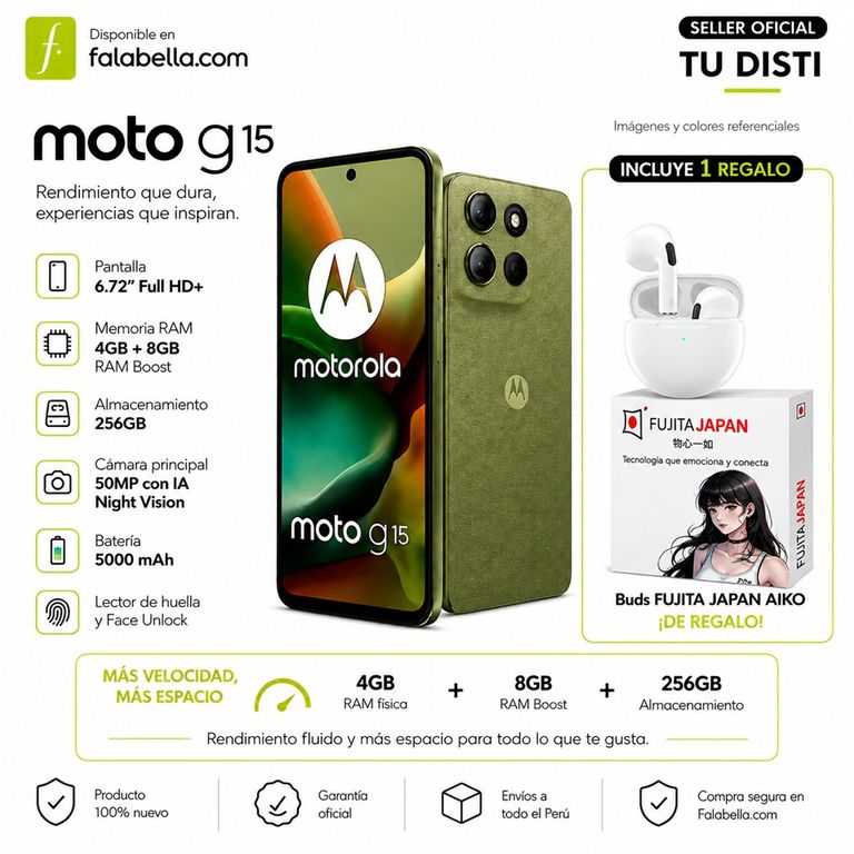 MOTOROLA G15 256GBROM 12GB RAM/ 4GB +8GB EXT/50MP AI/ 6.7" G/ 5200 mAH + FUJITA JAPAN BUDS+ SELFIE