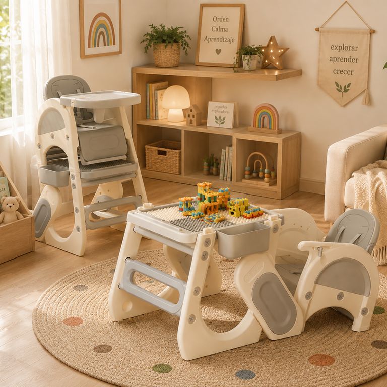 Silla de Comer Infantil Convertible en Escritorio 3 en 1 con Pizarra Acrílica y Mesa para Bloques