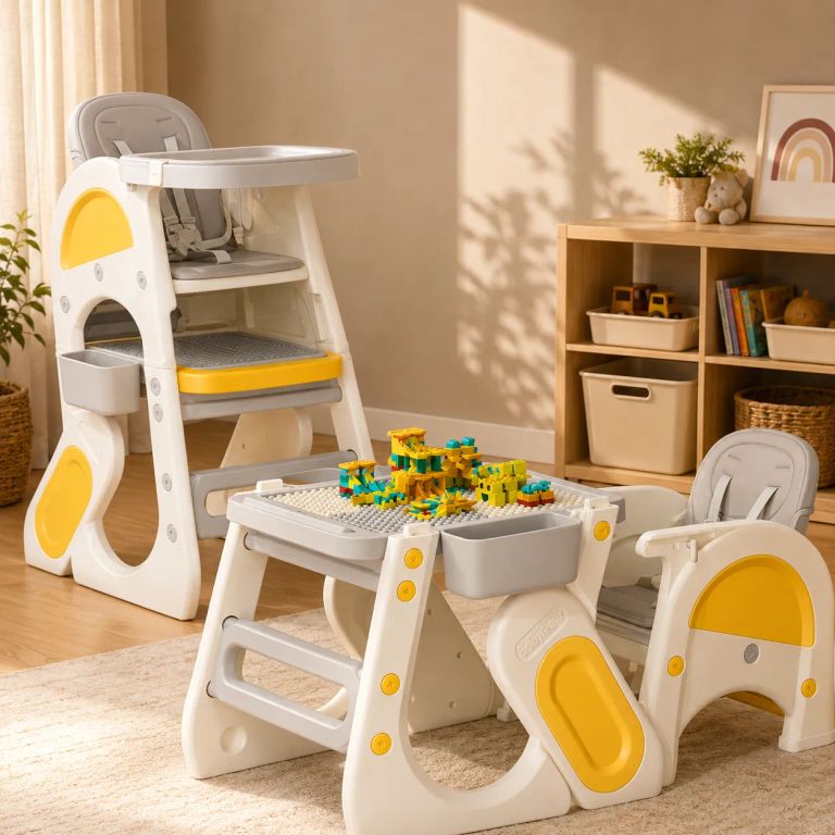 Silla de Comer Infantil Convertible en Escritorio con Pizarra Acrílica y Mesa para Bloques Amarillo
