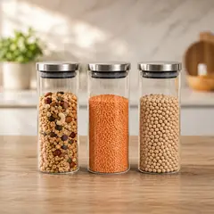 GENERICO - 3 Frascos Herméticos de Vidrio Borosilicato 1000 ml con Tapa de Acero Inoxidable