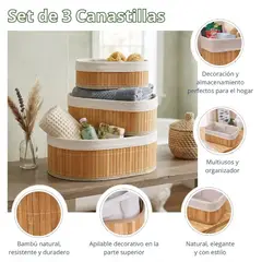 GENERICO - Set x 3 Cestos Organizadores de Bambu con Tela Protectora Ovalada
