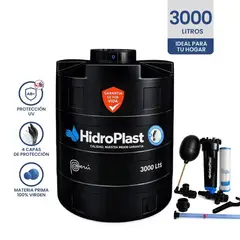 HIDROPLAST - TANQUE DE AGUA NEGRO 3000 LITROS  HIDROPLAST + ACCESORIOS COMPLETOS