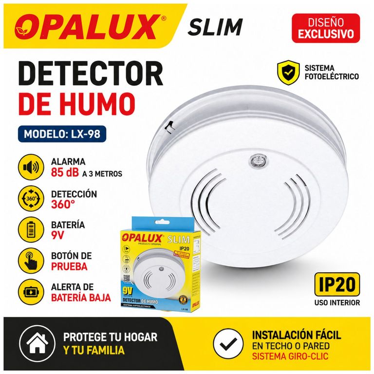 Detector de Humo OPALUX LX-98 Fotoeléctrico 360° Alarma 85dB Batería 9V