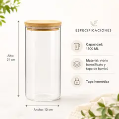 GENERICO - Frasco Contenedor de Vidrio Borosilicato con Tapa de Bambú 1300 ML