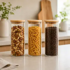 GENERICO - 3 Frascos Contenedores de Vidrio Borosilicato con Tapa de Bambú 1300 ML