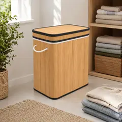 GENERICO - Cesto Doble de Bambú para Ropa con Compartimentos - 50cm con asas y tapa