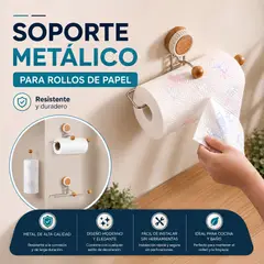 GENERICO - Soporte Porta Rollo Metálico para Cocina y Baño - Instalación sin Perforaciones