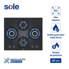 Sole - Encimera de cocina Rubí Pro Sole, modelo 3120SOLCO081, 60 cm, vidrio templado y 4 hornillas