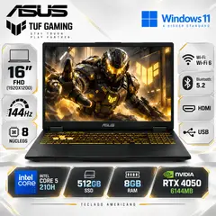 ASUS - ASUS TUF F16 FX607VU-ES51 GAMING INTEL CORE 5 210H 512GB SSD 8GB 16" NVIDIA RTX 4050
