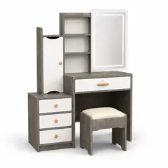 GENERICO - Tocador con Espejo LED Deslizante, Gabinete Lateral con Puerta y Banco SSZ02