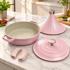 GENERICO - Olla Rosa Pastel Tajín de Aluminio Fundido 28 cm con 2 Tapas