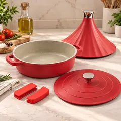 GENERICO - Olla Tajín de Aluminio Fundido 28 cm con 2 Tapas Rojo
