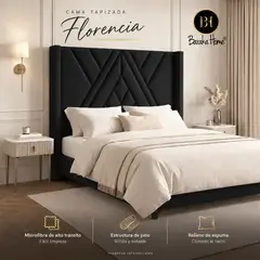 BARAKA HOME - Cama Tapizada Florencia + Base de Cama Luton 2plz - Negro