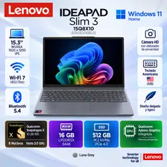 LENOVO - LENOVO IDEAPAD SLIM 3 15Q8X10 SNAPDRAGON X 512GB SSD 16GB DDR5 15.3 WUXGA WIN 11 83N3006BUS