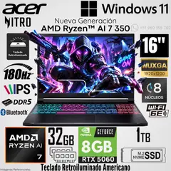 ACER - Laptop Acer Nitro V 16S AI ANV16S AMD Ryzen 7 260 32GB RAM 1TB SSD RTX 5060-8GB 16"  WUXGA 180Hz