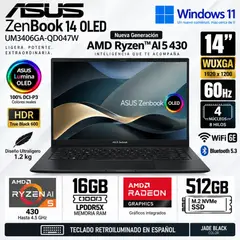 ASUS - Laptop ASUS Zenbook 14 OLED UM3406GA-QD047W AMD Ryzen™ AI 5 430 16GB RAM 512GB SSD 14" WUXGA OLED