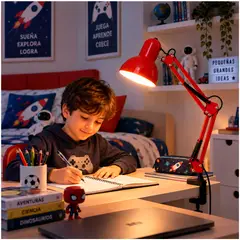 GENERICO - Lámpara de Escritorio Articulada con Base y Abrazadera Ajustable para Estudio Oficina Lectura Rojo