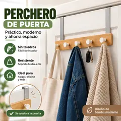 GENERICO - Perchero Organizador De Puerta Con 5 Ganchos y Acabado Bambú
