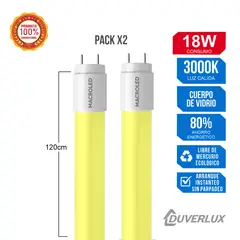 GENERICO - Pack X2 Tubo LED T8 Vidrio 18W 120cm Luz Cálida 3000K Macroled
