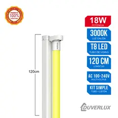 GENERICO - Kit Tubo LED T8 Vidrio 18W 120cm 3000K Luz Cálida + Listón Simple