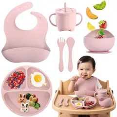 Baby - Set De Alimentacion De Silicona Para Bebé Plato Con Ventosa Babero Vaso Cuchara y Tenedor Niña