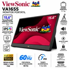 VIEWSONIC - Monitor Portátil ViewSonic VA1655 15.6" IPS FHD 60Hz 7ms USB-C Mini HDMI