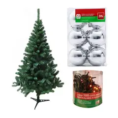 DEAR SANTA - Árbol de Navidad 180cm 341 Ramas Canadiense Verde + Juego de 100 Mini Luces Colores 8 Funciones Navidad + Set 12 Esferas Brillo Plata Navidad 6cm.