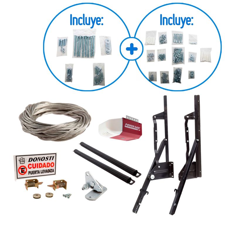 Combo Motor Power Gate 1/2 HP + Manija Acero + 2 Resortes de Brazo Levadizo 100 kg + Kit de Sistema de Cierre + Cable Acero + Kit de Instalación Manual + Accesorios + Equipo Levadi
