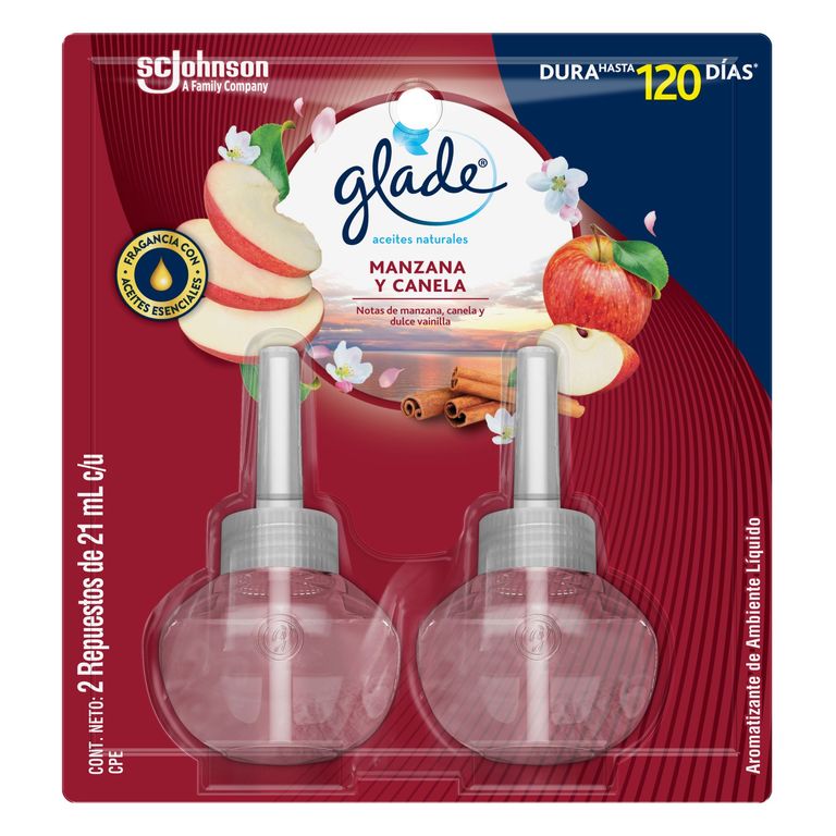 Repuesto ambientador en aceite Glade Manzana Canela Pack 2 unidades 21 ml