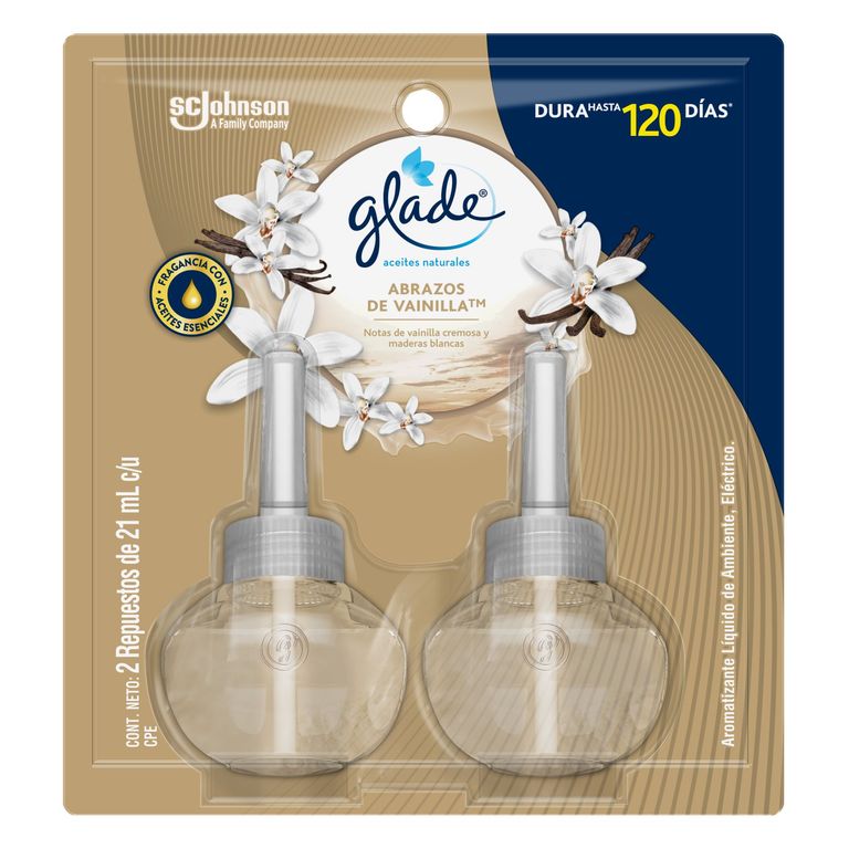 Repuesto ambientador en aceite Glade Abrazos de Vainilla Pack 2 unidades 21 ml