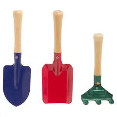 ERGO - Set x 3 Herramientas de Jardin para Niños Metal y Mango de Madera Azul, Verde y Rojo