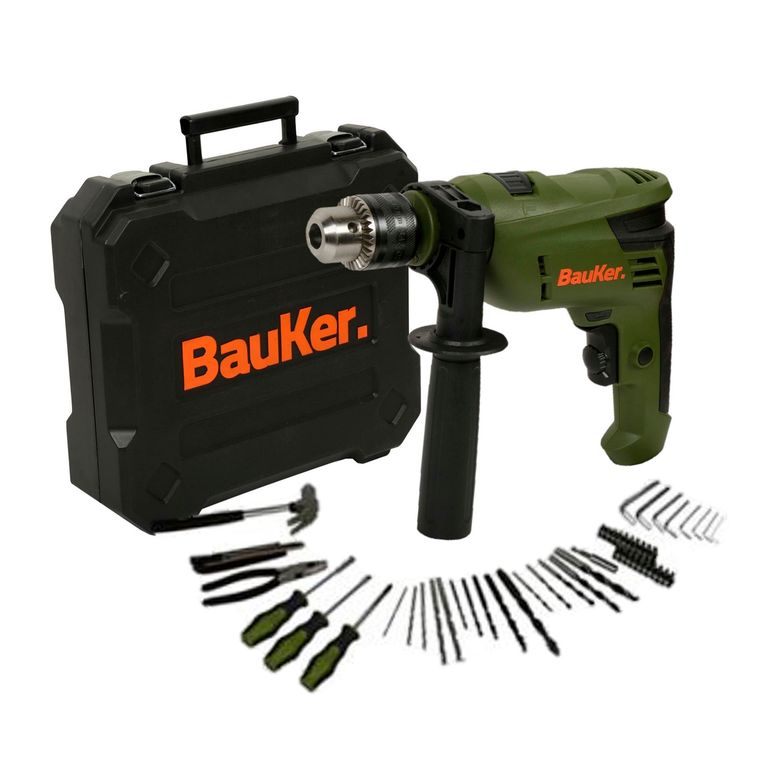 Taladro Percutor Eléctrico Bauker 1/2" 600W + 50 accesorios + Maletín Bauker