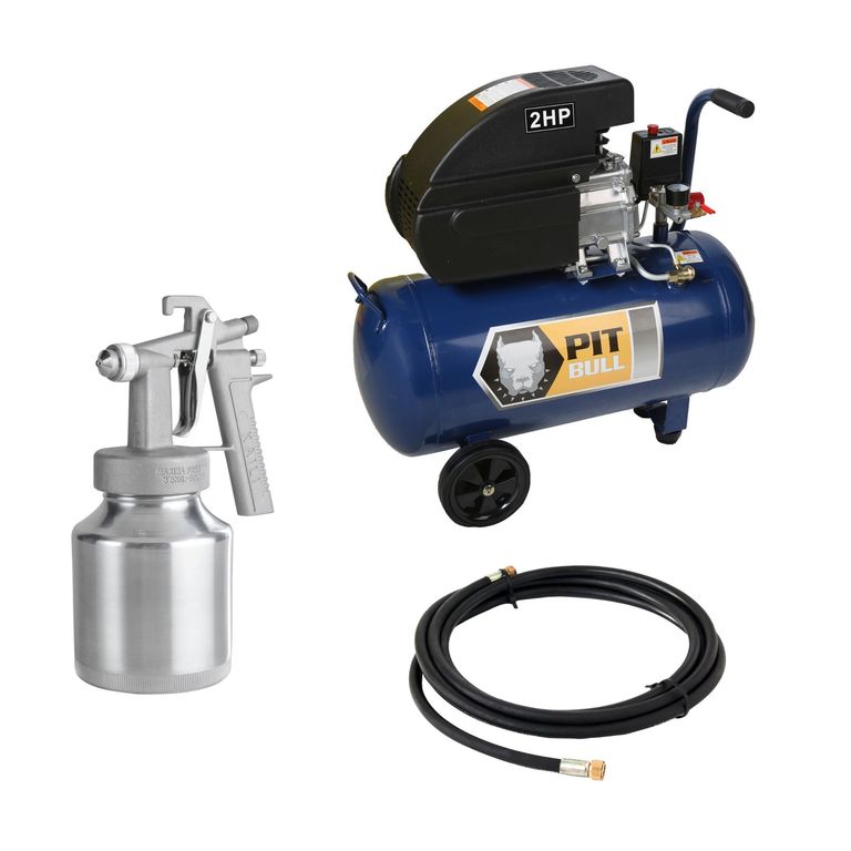 Compresora De Aire Pitbull Semi Profesional 2HP 50 Lt + Pistola Baja Presión Arpex + Manguera de Aire 1/4" 5m Lago