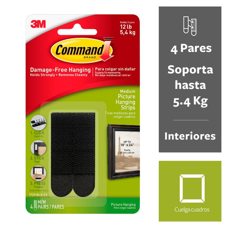 Tiras Command 3M Medianas para Colgar Cuadros Negras x 4 pares