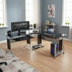 JUST HOME COLLECTION - Escritorio en L Negro de Vidrio Ejecutivo