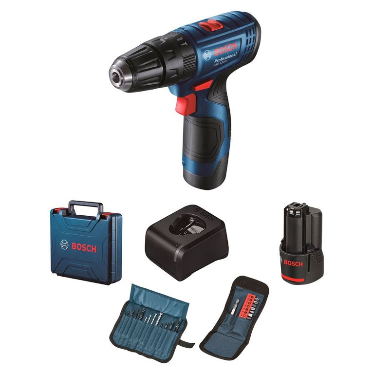 Taladro Atornillador percutor Bosch GSB 120-LI + 2 baterías + 23 Accesorios + maletín de plástico