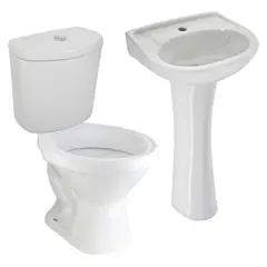 TREBOL - Tanque Inodoro Trebol Rapid Jet Premium Blanco + Lavamanos Sobre Pedestal Trebol Mancora Blanco + Pedestal para Lavamanos Trebol Universal Blanco + Taza Universal Blanca