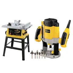 STANLEY - Fresadora Ruteadora Eléctrica 1200 W + 6 Fresas SRR1200 + Sierra de Banco EléctricaStanley 10" 1800 W SST1801
