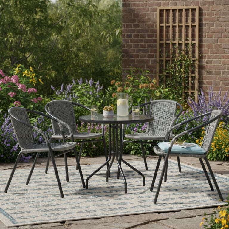 Mesa de Terraza Metal con Vidrio Redonda Negro 80 CM + Silla para Terraza Ratan Gris Oscuro 73x54x61 cm