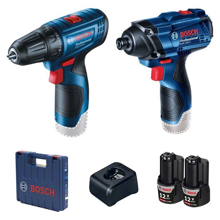 Taladro Atornillador Inalámbrico 3/8" 12V GSR 120-LI + Atornillador de Impacto Inalámbrico 1/4" 12V GDR 120-LI + 2 Baterías 2.0Ah + Cargador + Maletín Bosch