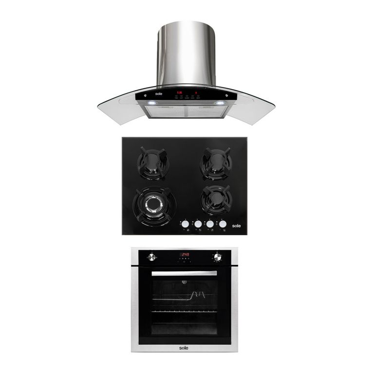 Tricombo Encimera Empotrable A Gas 4 Hornillas SOLCO034 + Campana Decorativa 90cm TURE63CO + Horno Empotrable A Gas 70L SOLHO007 Sole