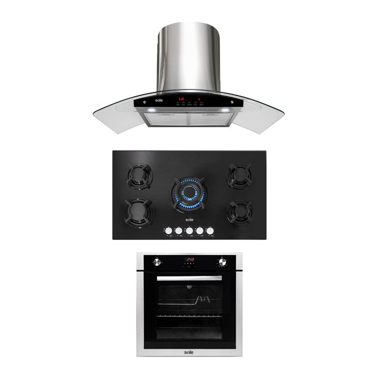 Cocina Empotrable 5 Hornillas + Campana Decorativa 90cm + Horno a Gas Empotrable 70L Sole