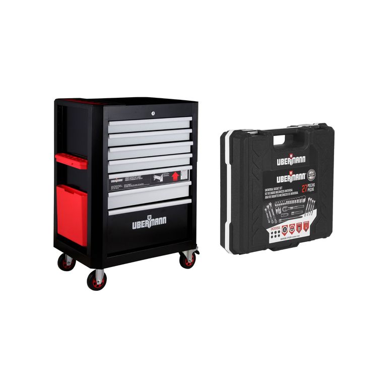 Carro Porta Herramientas Gabinete 7 Cajones Ubermann + Set De Dados Mecánicos Universal Ubermann 27 Unidades