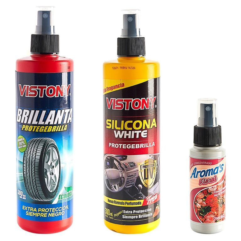 Kit de Limpieza para Auto Vistony Silicona White 300 ml + Brillanta 300 ml + Aromatizador Floral 59 ml