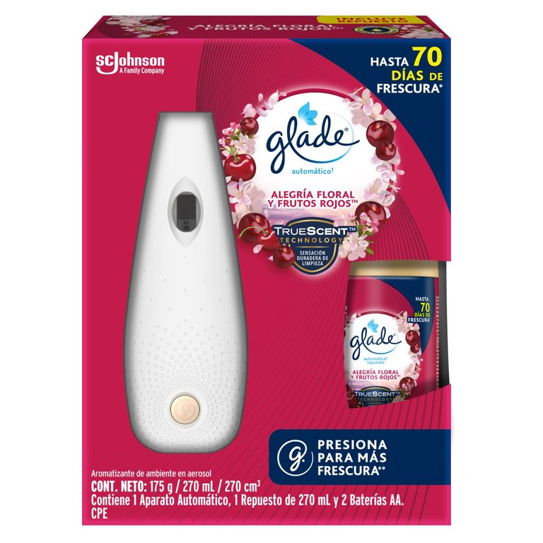 Ambientador Automático Glade Alegría Floral y Frutos Rojos con repuesto 270 ml