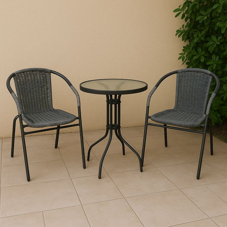 Juego de Balcón - Mesa de vidrio Redonda 60 CM + 2 Sillas Ratan