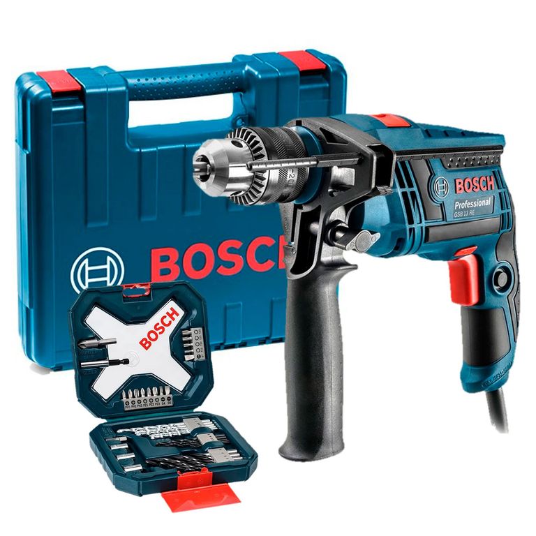 Taladro Percutor Bosch GSB 13 RE 750W 220V con Maletín + Set de 34 Piezas