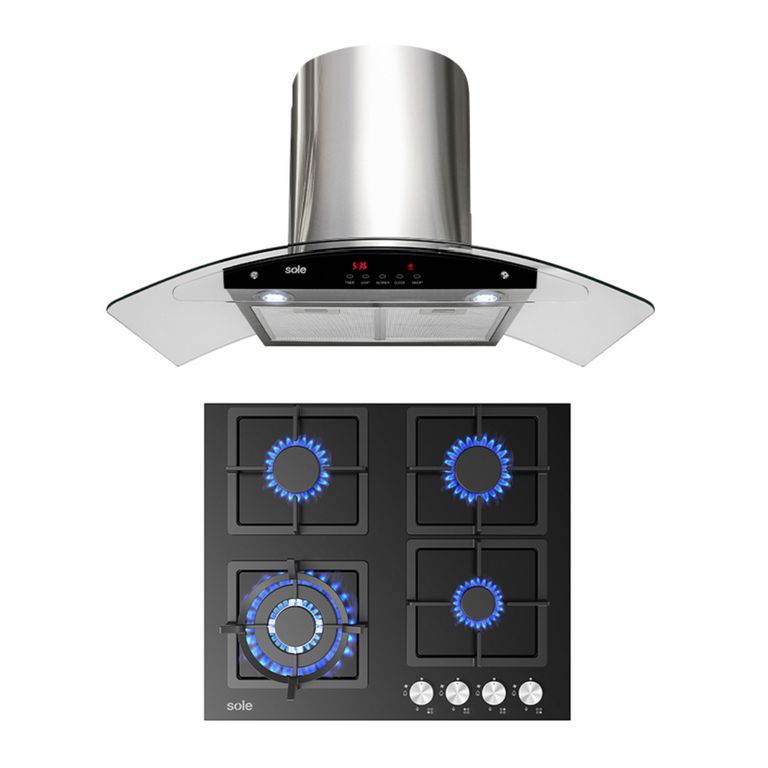Combo Encimera Empotrable A Gas 4 Hornillas SOLCO040 + Campana Decorativa 90cm TURE63CO Sole