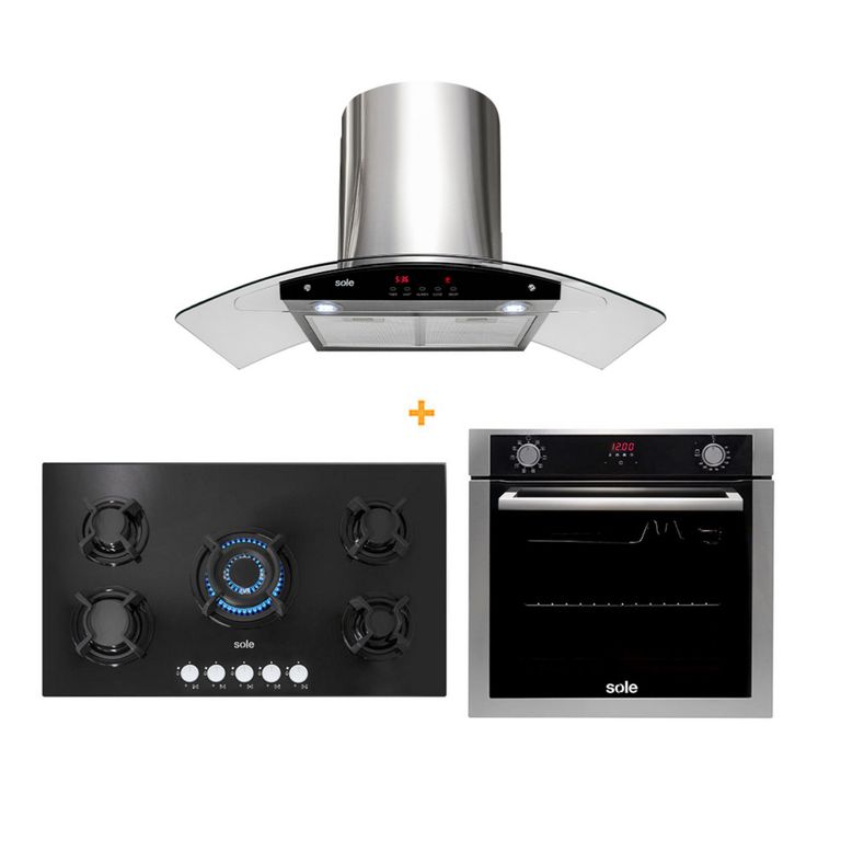 Tricombo Encimera Empotrable A Gas 5 Hornillas SOLCO033 + Campana Decorativa 90cm TURE63CO + Horno Empotrable Eléctrico 73L SOLHO012 Sole